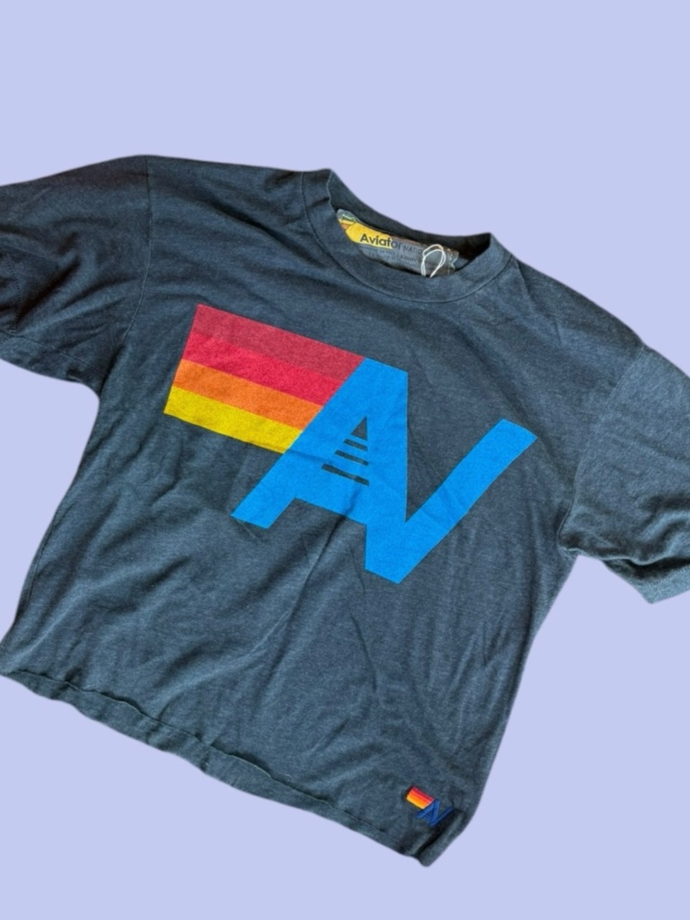 Aviator Nation Charcoal Tee with Retro Blue, Red & Yellow Stripes